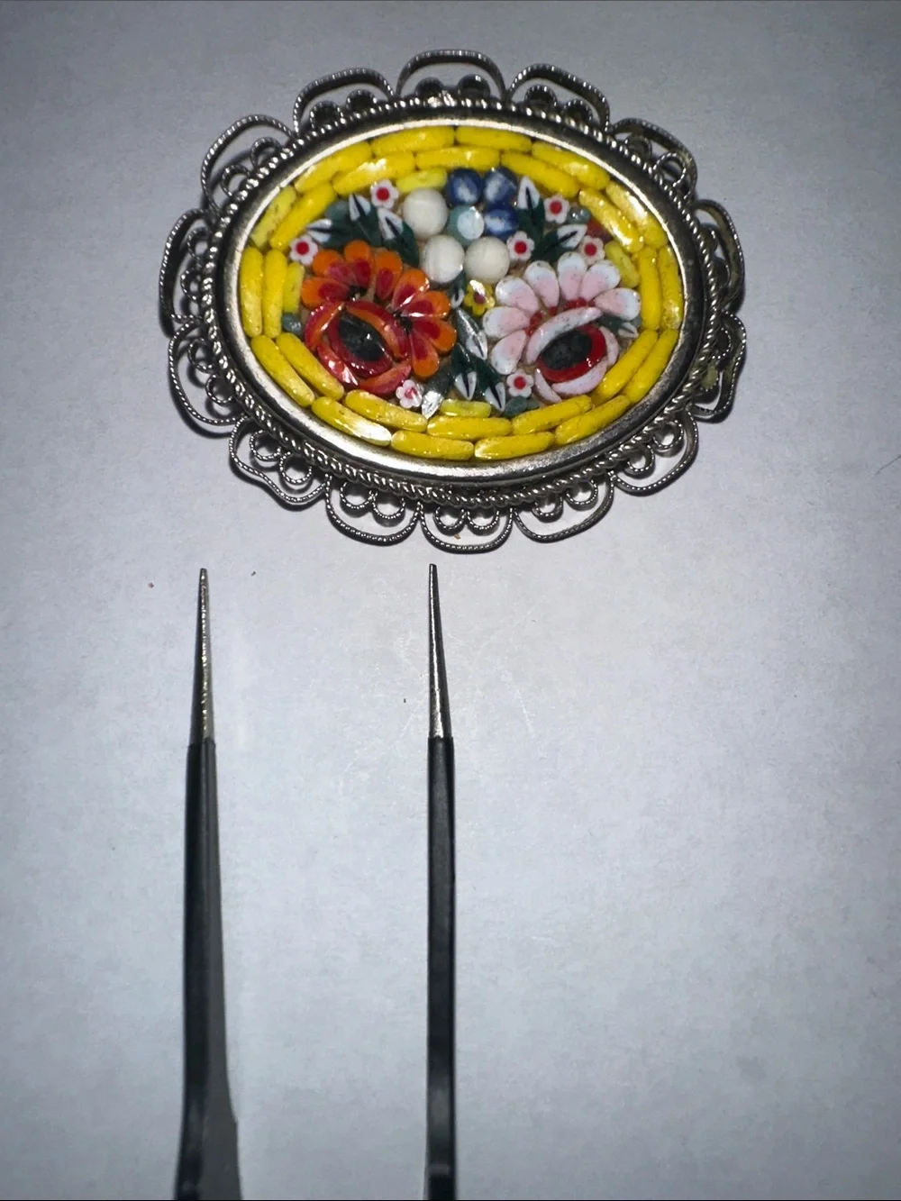 Vintage Mosaic Floral Yellow and Multicolor Oval Brooch